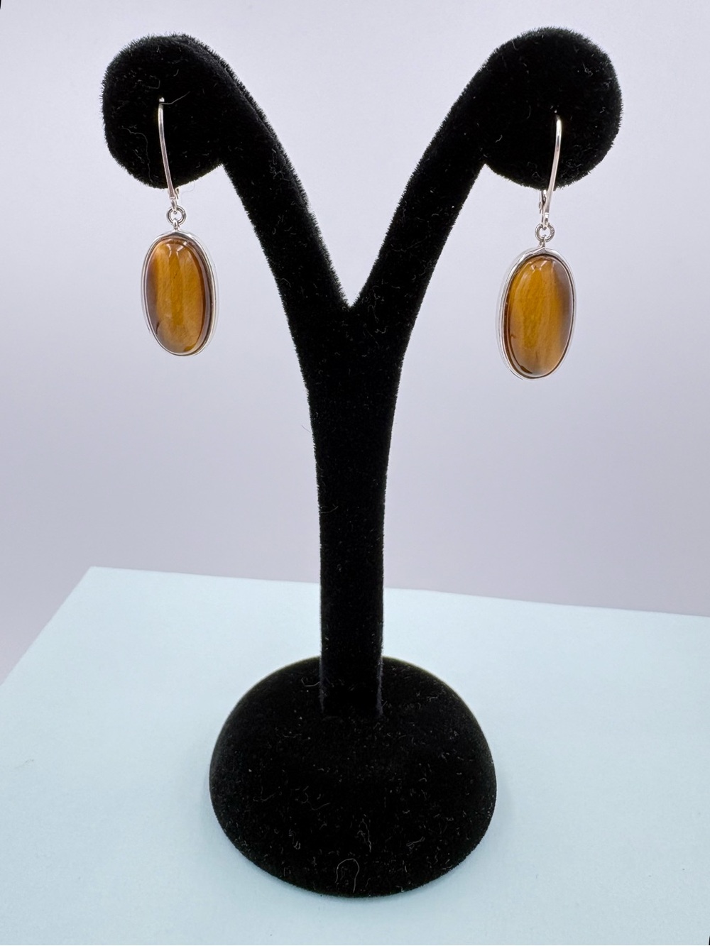 Vintage Sterling Silver Tiger's Eye Drop Earrings - Brown